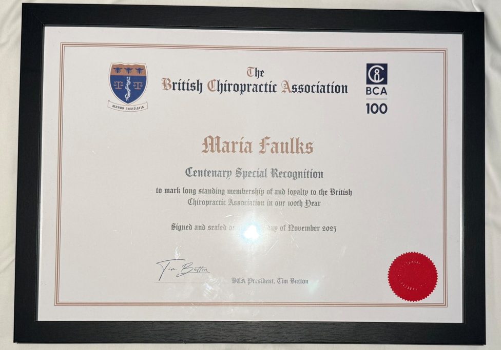 Maria BCA 30 years. Maria Faulks Chiropractor, 30 years in the BCA, Market Harborough Chiropractic Clinic
